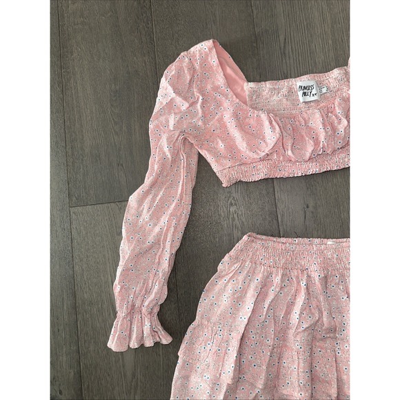 Princess Polly Mini Skirt Crop Top Matching Set Women 8 Pink White Floral Ruffle - Picture 2 of 12